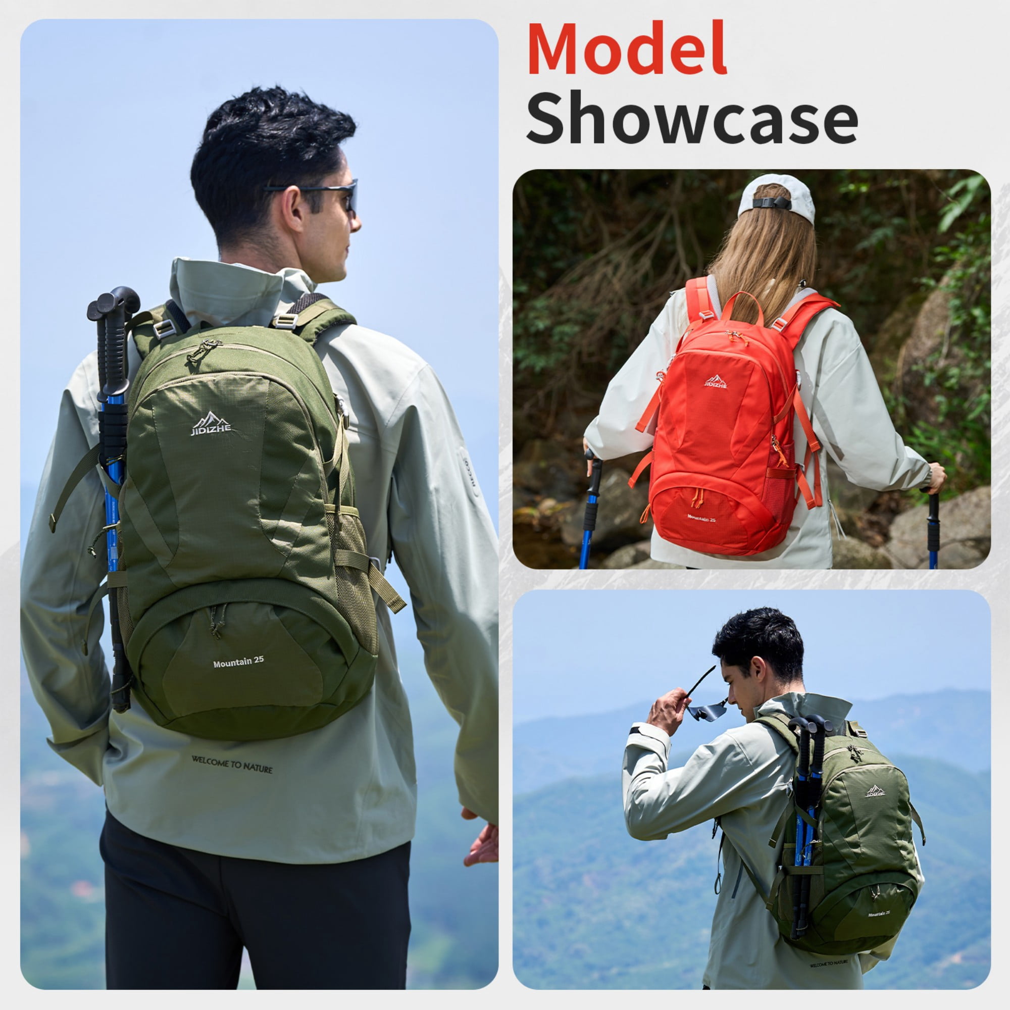 BSHTI 25L Polyester Nylon Hiking Backpack with Rain Cover, Breathable Back, Large Storage for Travel Camping（Red）