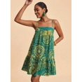 thumbnail image 3 of Green All-Over Print Spaghetti Strap Mini Sundress For Women, Boho Tropical Vacation Dress, 3 of 8