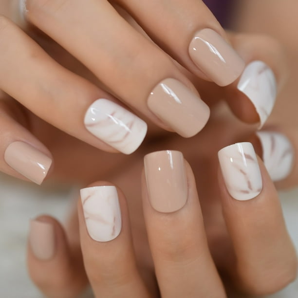 Puntas de uñas francesas blancas desnudas naturales cortas de verano, uñas postizas de Gel, prensa en Ultra fácil de usar para el hogar y la Oficina Deng Xun unisex