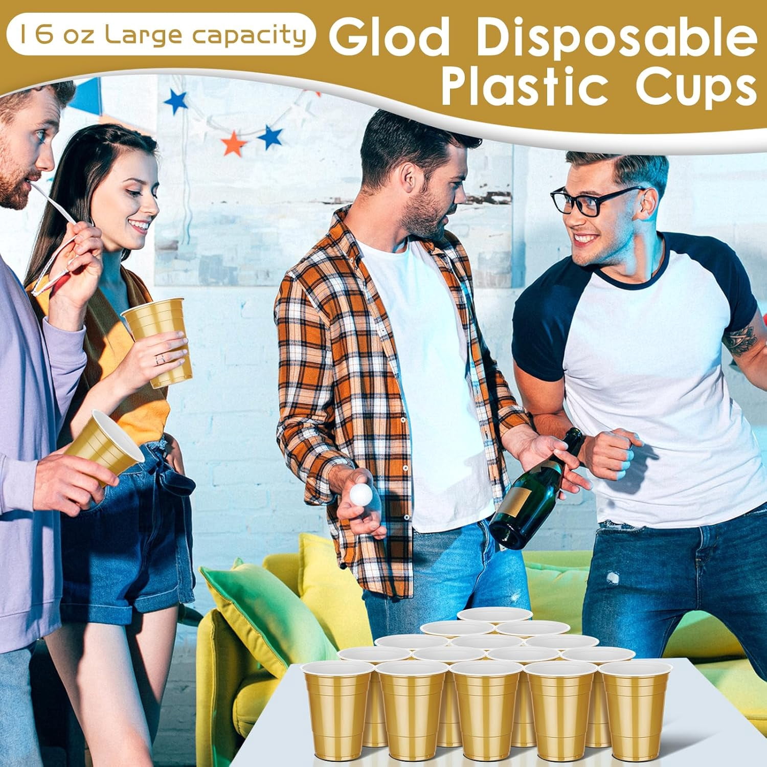 100 Pack 16 oz Gold Plastic Cups, Disposable Plastic Party Cups, Heavy Duty Drinking Water Cup for Wedding Birthday Graduation Valentine's Day Christmas Baby Shower Picnic Barbecues Supplies