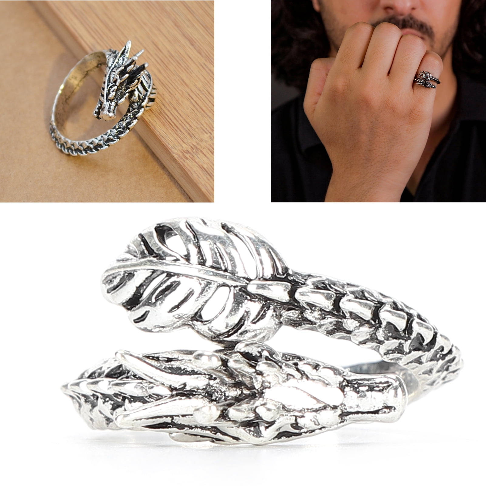 Wchiuoe Vintage Punk Rings Alloy Adjustable Dragon Design Cool