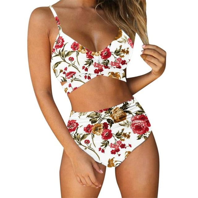 Women Criss Cross High Waisted String Floral Printed 2 Piece Bathing Swimsuit