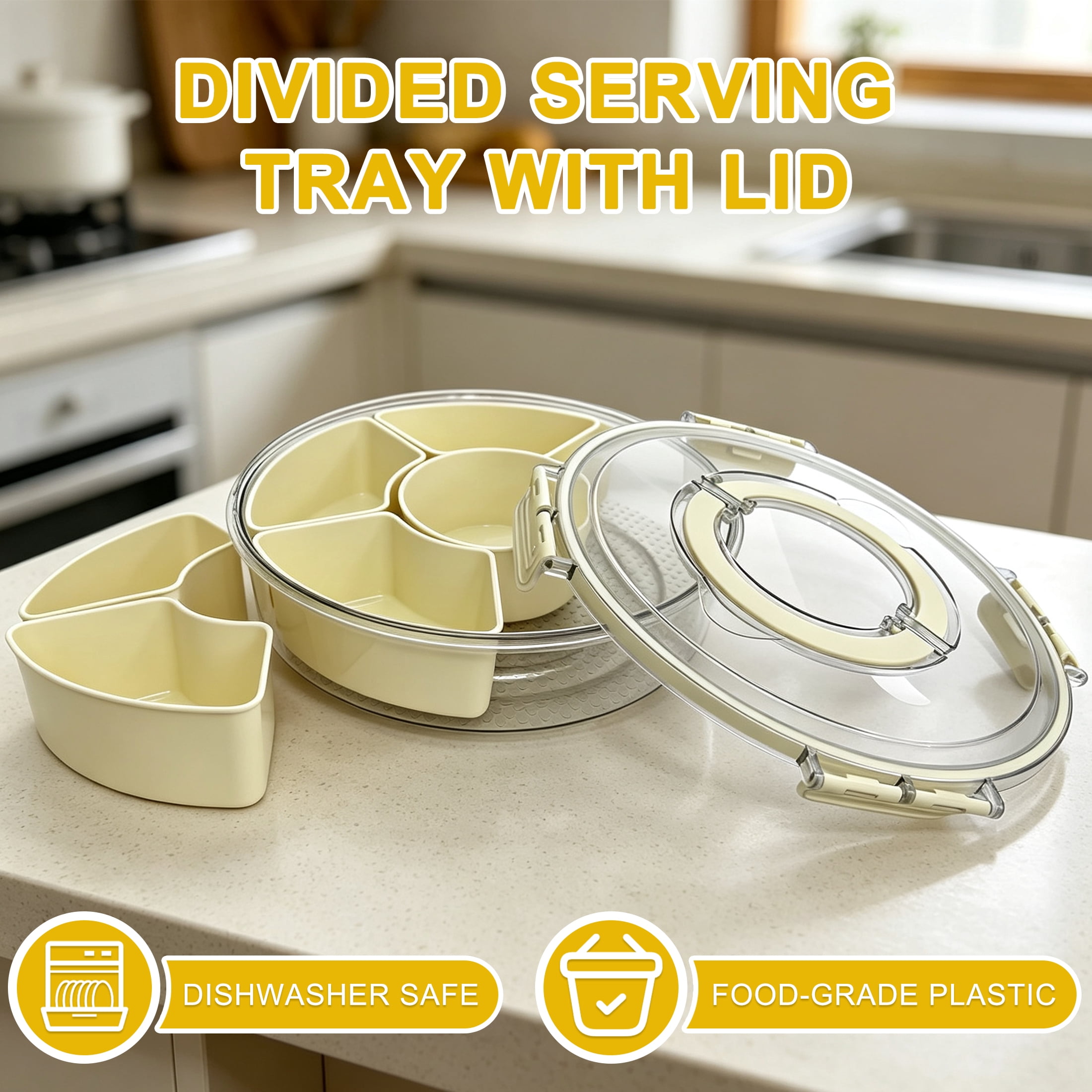 GARITIN Divided Serving Tray with Lid, Portable Snackle Box Container, Detachable Snack Platter for Fruit Nut Candy Dip