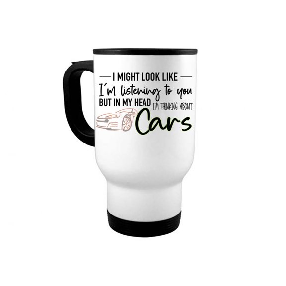 Car Mug, Gift For Car Lover, 14oz Travel Mug, Thinking About Cars, Car Coffee Mug, Gift For Him, Car Lover Gift, Funny Mugs, Dad Mug, Father's Day Gift, White
