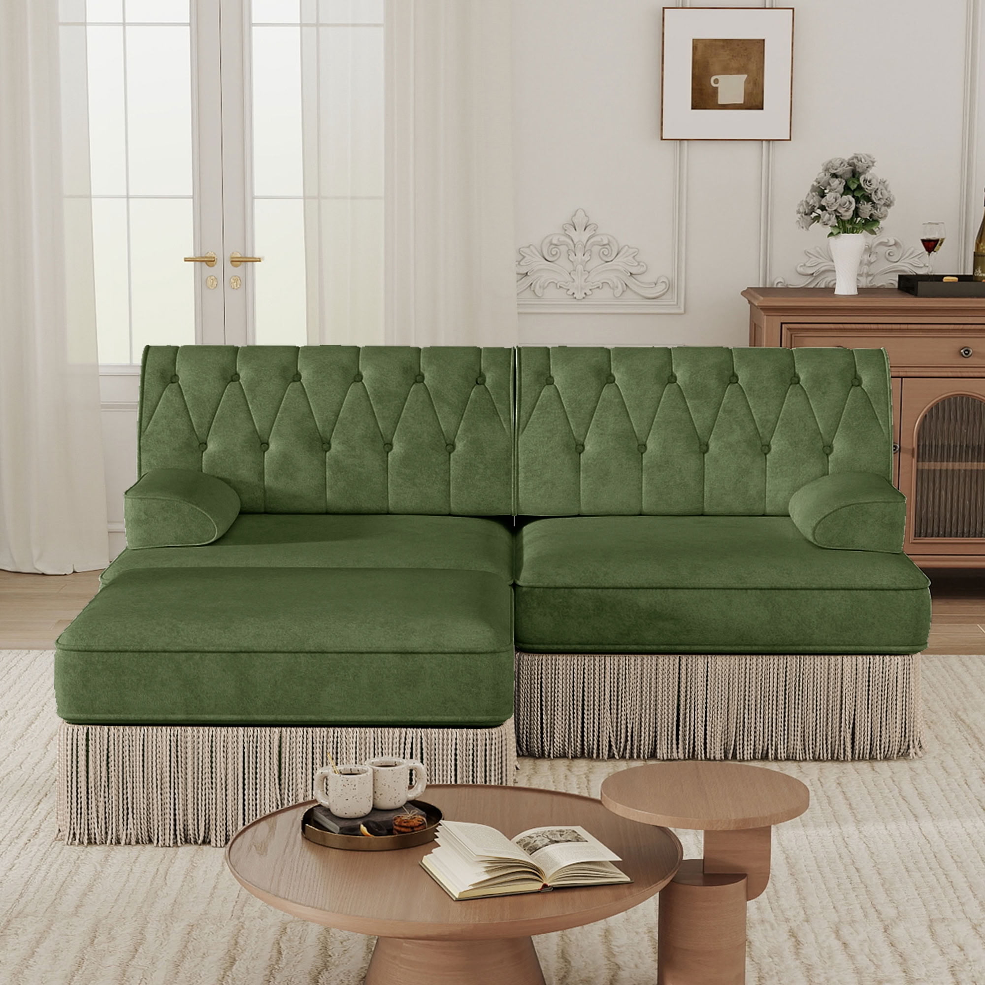 MAYEERTY L-Shaped Chesterfield Sofa, Modular Couch with Tassel & Ottoman, Solid Wood Base for Living Room Bedroom