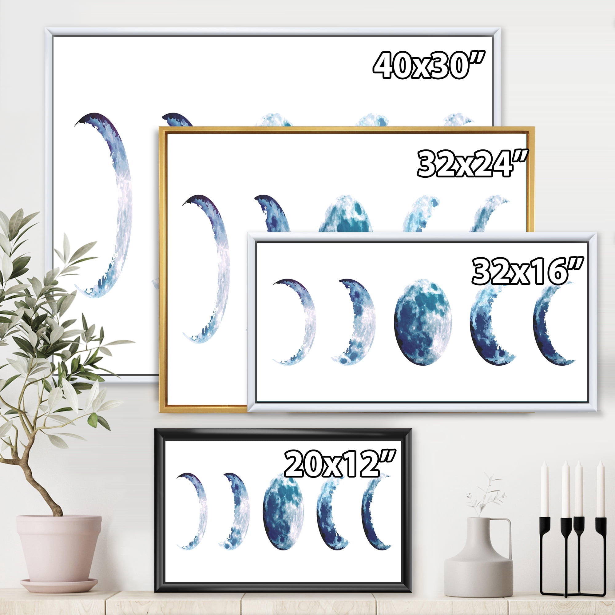 Designart 'Magic Blue Moon Phases On White' Bohemian & Eclectic Framed Canvas Wall Art Print