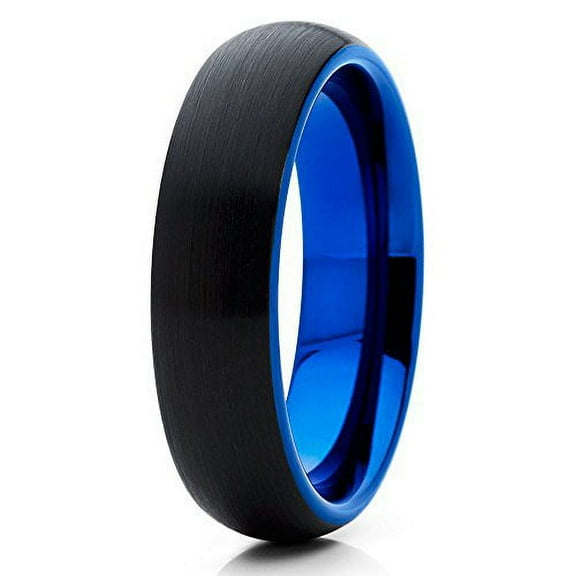 6mm Tungsten Wedding Band Brushed Black & Blue Tungsten Carbide Engagement Band Men & Women Comfort Fit