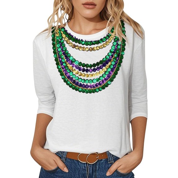 IWRICH Women's Long Sleeve Mardi Gras Tees Crew Neck Rave Tops Casual Graphic Printed Trendy T Shirts White XL