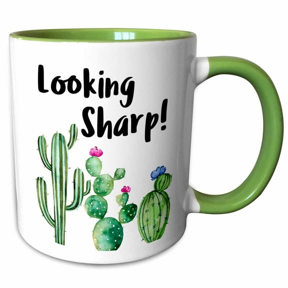 3drose, Funny Ironic Looking Sharp Watercolor Cactus Quote, 11oz Two-tone Green Mug