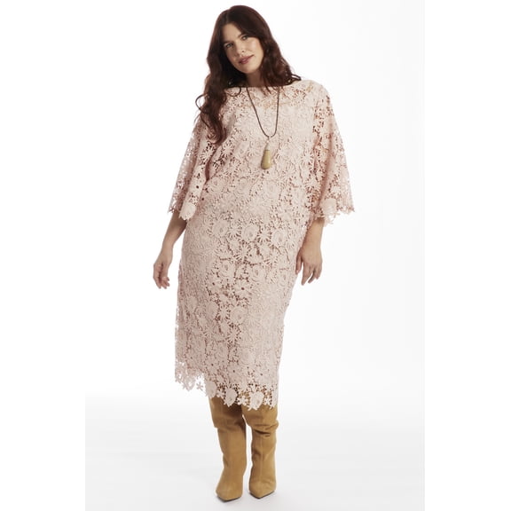 June & Vie Women's Plus Size Bell-Sleeve Lace Midi Dress
