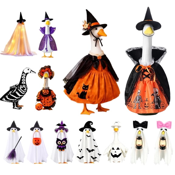 Halloween Ghost Porch Goose Outfit Fits 23 Inch Cement Lawn Goose Statue Pumpkin Face Ghost Costume with Matching Witch Hat for Fall Outdoor Garden Yard Patio Holiday Decor