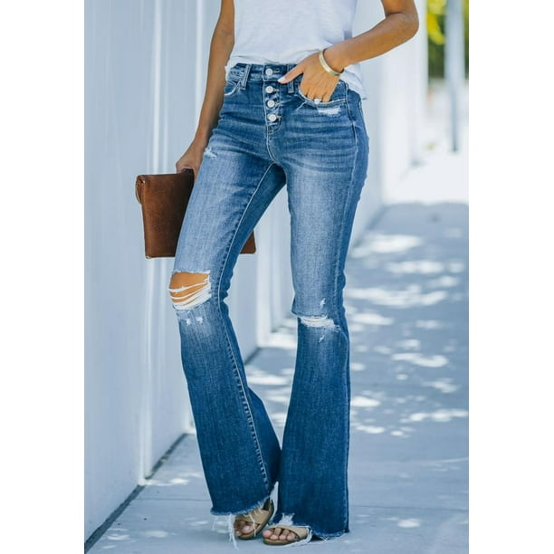 Pantalones vaqueros de mujer de cintura alta, pantalones vaqueros de corte acampanado, pantalones vaqueros holgados elásticos