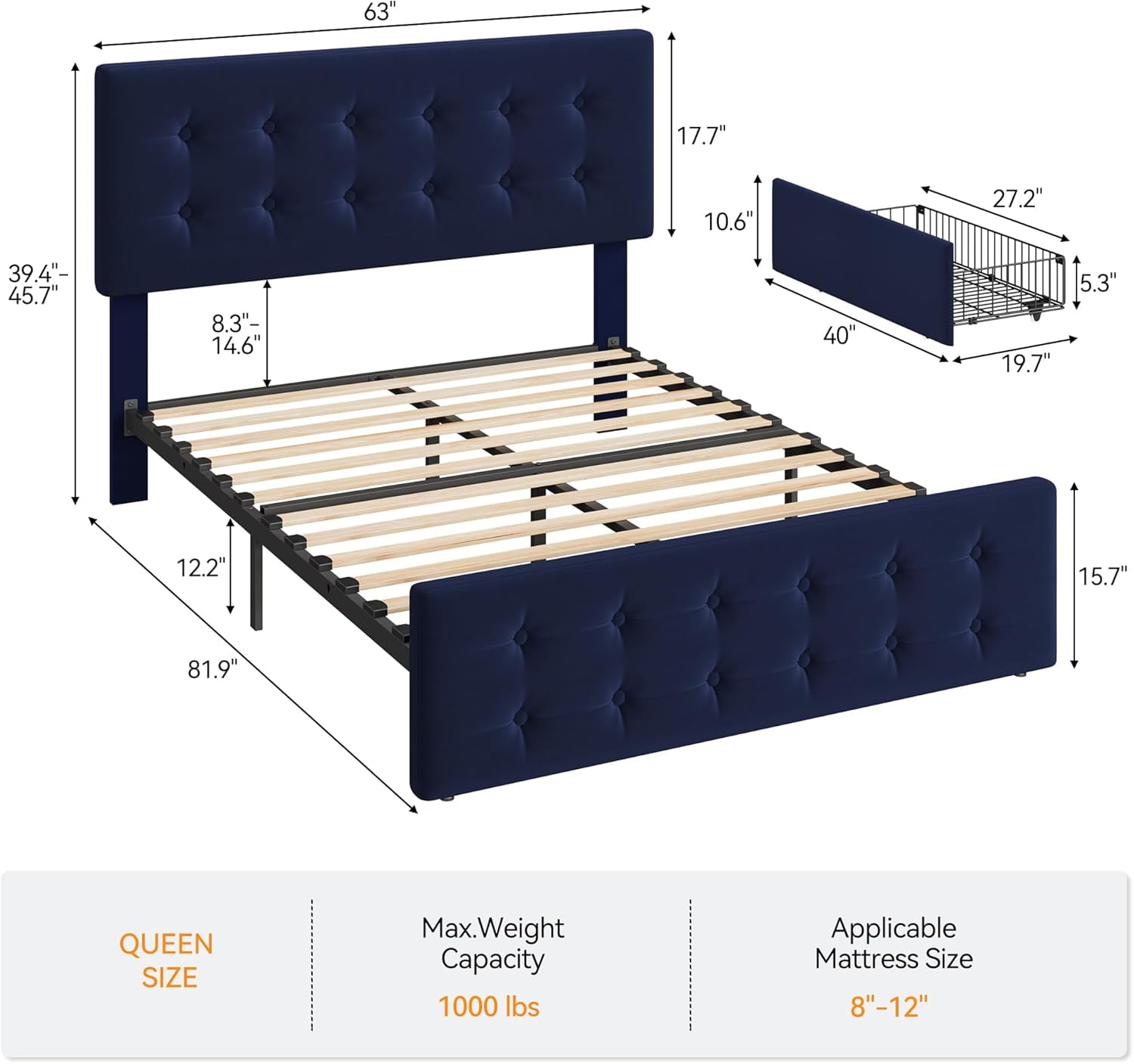 Queen Size Bed Frame with 4 Storage Drawers and Headboard, Velvet Upholstered Platform Bed Frame with Wooden Slats Support, Button Tufted Design, No Box Spring Needed, Blue