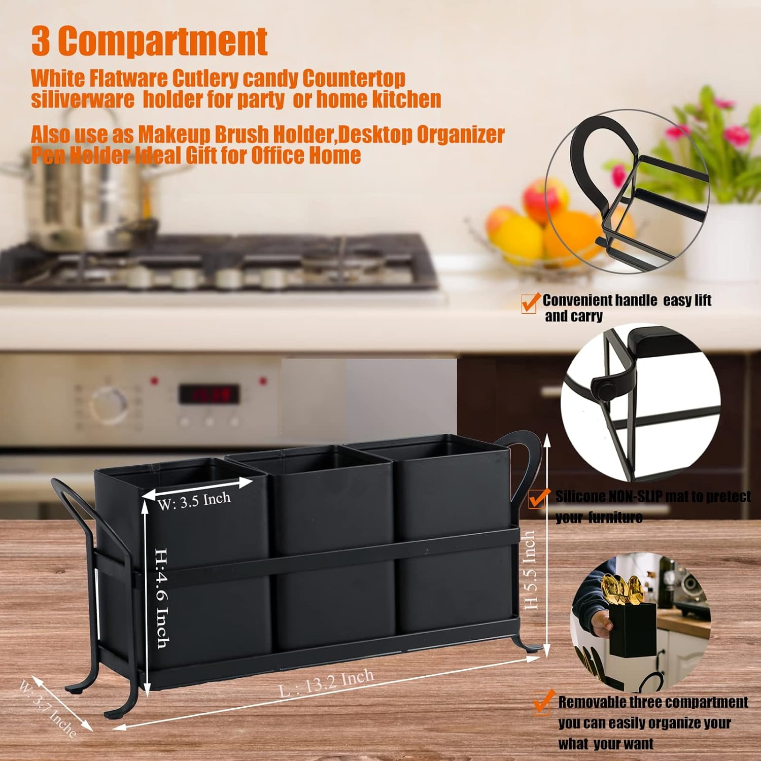 Metal Silverware Caddy,3 Compartment Utensil Holder With Metal Rack,Utensil Caddy Flatware Cutlery Organizer for Countertop Party Picnic Camping Outdoor Pink