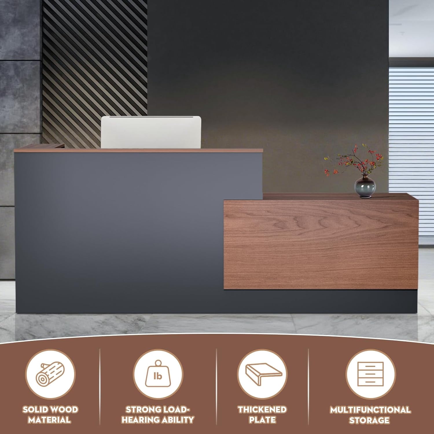 Esheno Commercial L Shaped Reception Desk 87 inch Wooden Front Counter with Lockable Drawers Cabinet Walnut Right Cabinet for Lobby Office Checkout