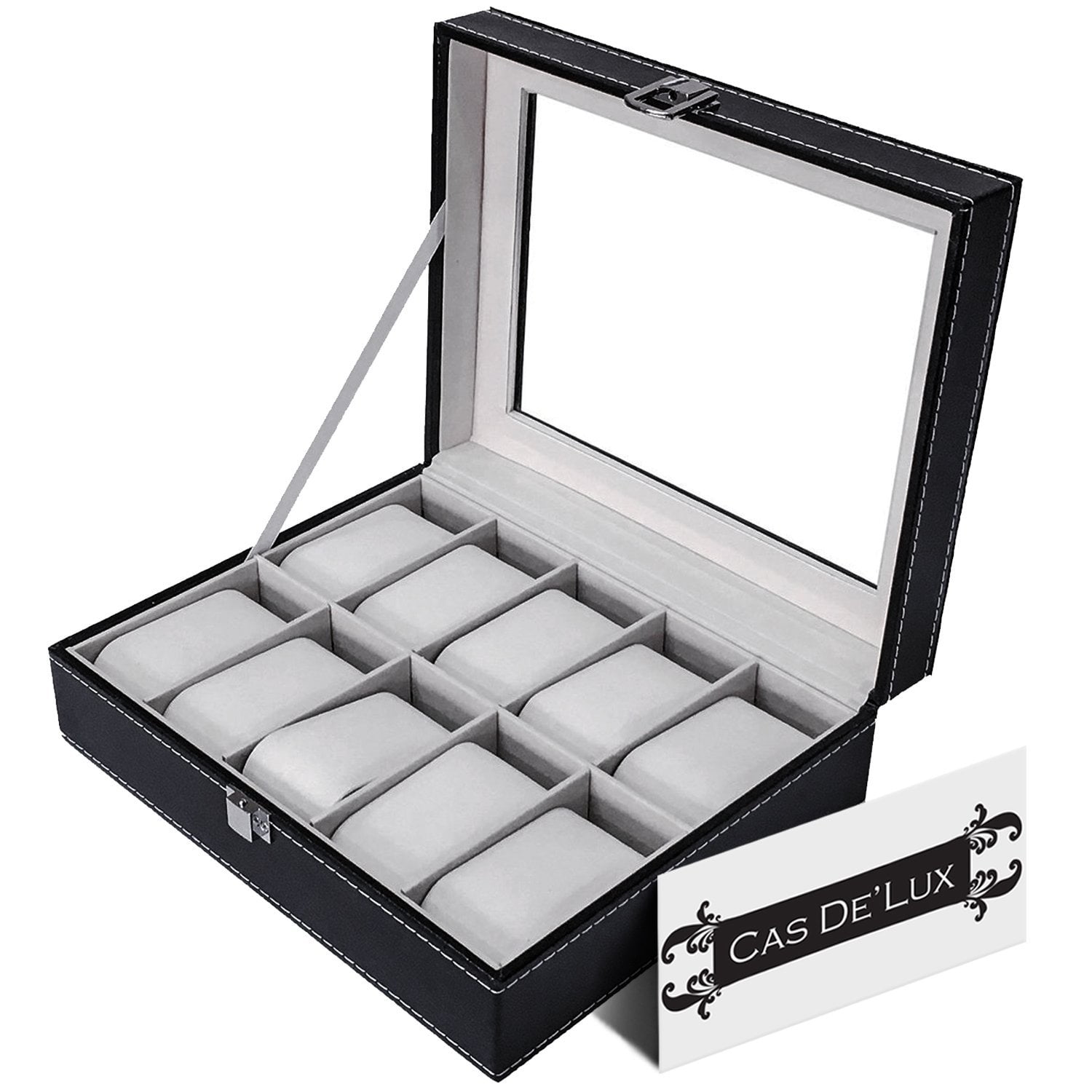 Luxury Watch Box 10 Velvet Pillow Slots, Premium Display Case With Framed  Glass Lid, Elegant Contrast Stitching, Sturdy & Secure Lock By Cas De` Lux
