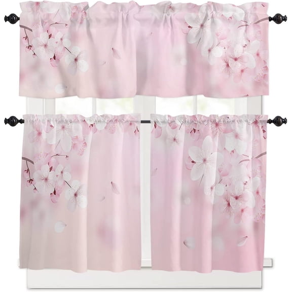 3 Pieces Kitchen Curtains & Valances Set, Spring Cherry Blossoms, Short Curtain Rod Pocket Window Curtain, Pink, Window Treatment Tiers Valances (Single Panel 54"x18",2 Tiers 27.5"x24")