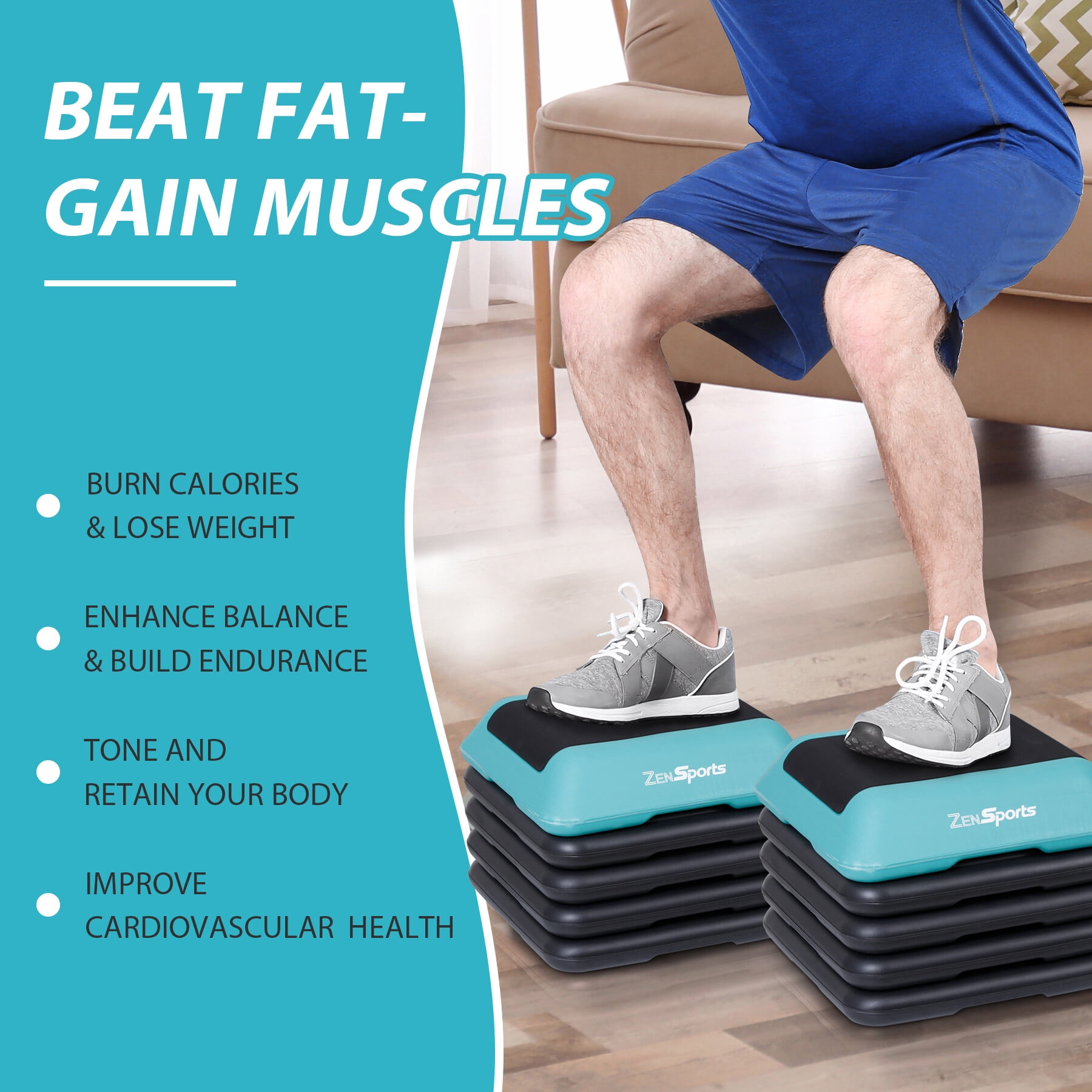 ZenSports 16-in Aerobic Step Platform W/4 Risers, Height Adjustable Exercise Workout Stepper, Green