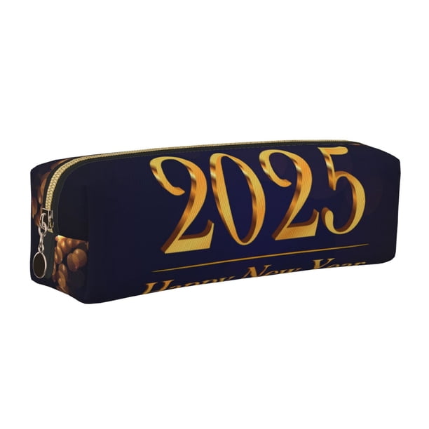 Balery 2025 Happy New Year 3 Estuche de Lápices de Cuero Impreso, Estuche para Suministros de Arte, Estuche de Lápices con Cremallera, Estuche de Almacenamiento de Papelería