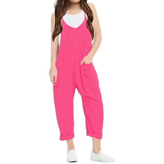 Spaghetti Strap V-neck Girls Solid Color Casual Loose Straight Kids Children Jumpsuit with Pocket for 5-14 Years