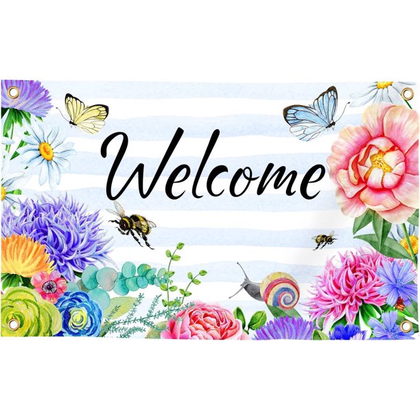 Bandera de bienvenida de primavera y verano de 3 x 5 pies con diseño de flores, mariposas y abejas para jardín, casa, temporada, poliéster con doble costura y 4 ojales de latón para decoración de