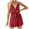 thumbnail image 1 of HXWCHs Combinaisons Extensibles Confort pour Femmes, Mode, Col en V, à Lacets, Sans Manches, Barboteuse Décontractée Unie, Short de Confort, Combinaison S Rouge, 1 of 5