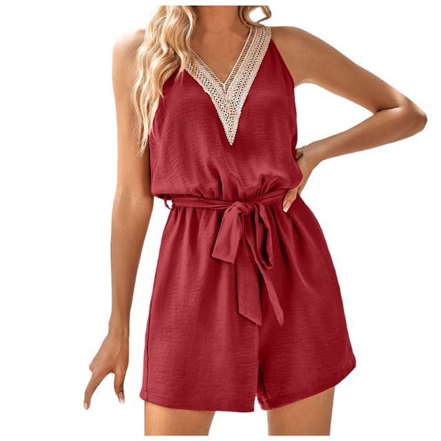 HXWCHs Combinaisons Extensibles Confort pour Femmes, Mode, Col en V, à Lacets, Sans Manches, Barboteuse Décontractée Unie, Short de Confort, Combinaison S Rouge