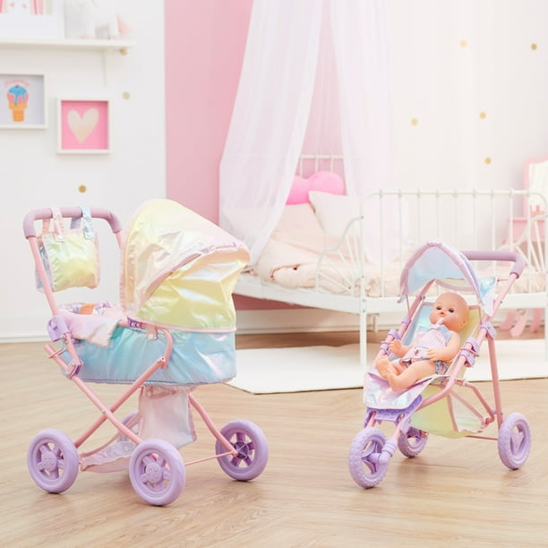 Teamson Kids Doll Stroller for Baby Dolls Deluxe 2 in 1 Iridescent Rainbow Walmart