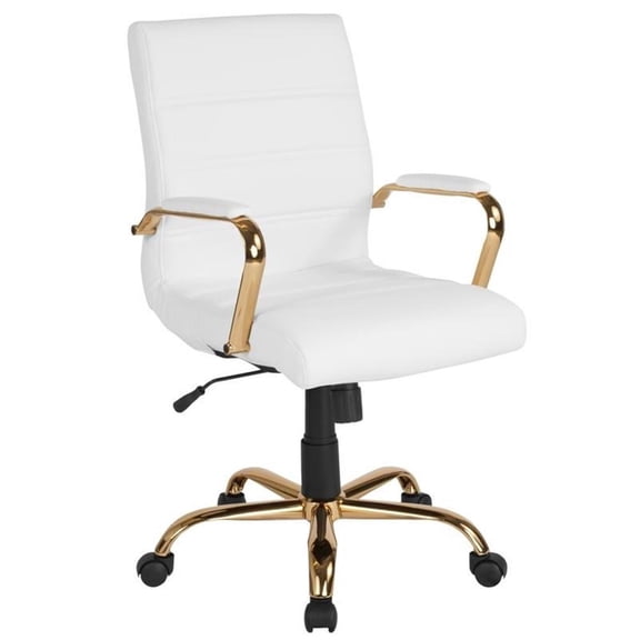 Maklaine Mid Back Leather Office Swivel Chair in White and Gold