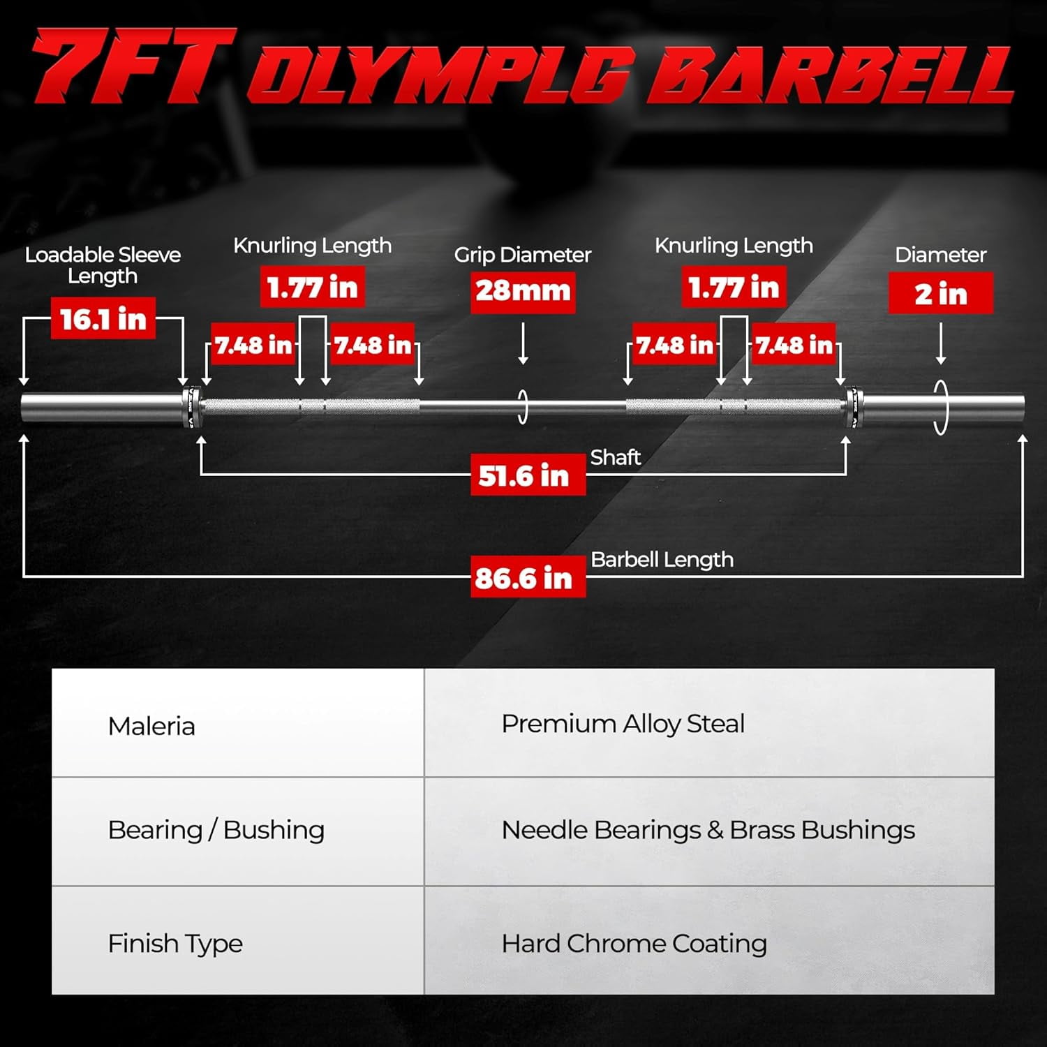 Olympic Barbell, 1000lb Capacity 7FT Weight Bar for Strength Training, 2 Inch Strength Training Bar With Knurled Grip for Squats bar Home Gym Workout
