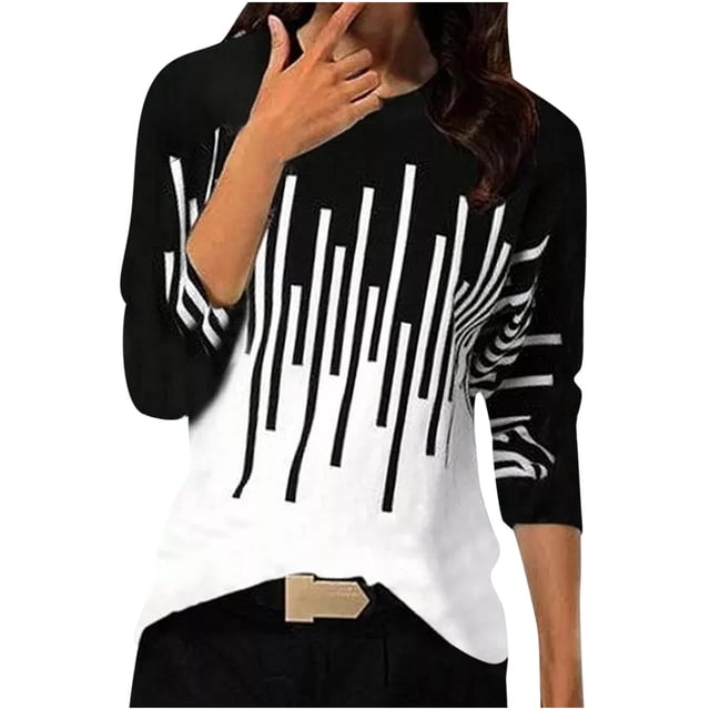 Blusa de camiseta de manga larga de color de contraste de costura de cuello redondo casual de moda para mujer Fridja fhghd1621