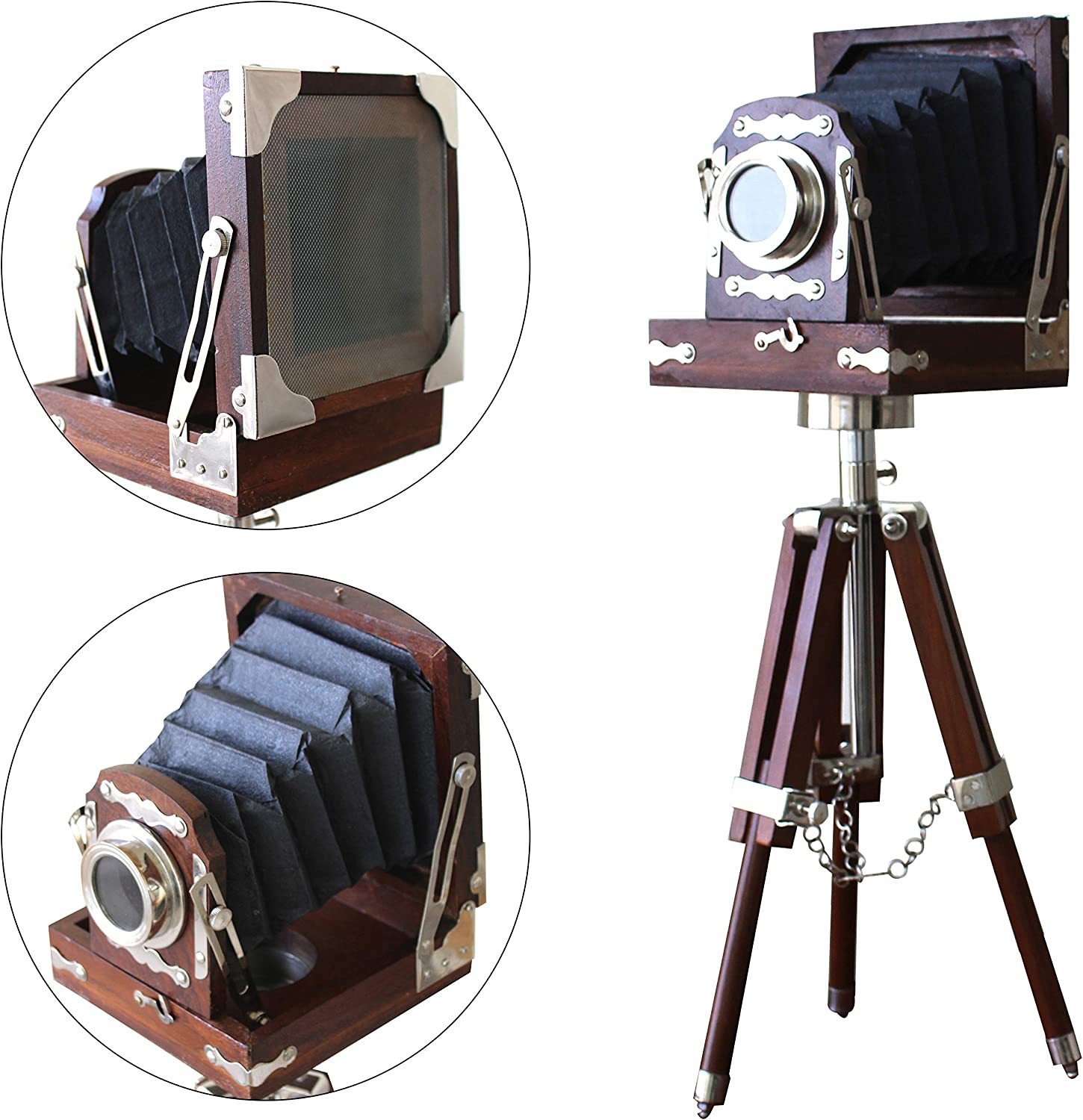 New Antique Vintage Look Film Camera Wooden Tripod Collectible Studio Gift Item Brown Color (22 Inches)