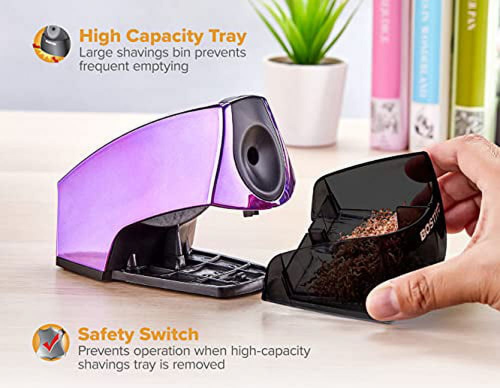 Bostitch Personal Electric pencl Sharpener, Powerful Stall-Free Motor, High Capacity Shavings Tray, Metallic Purple