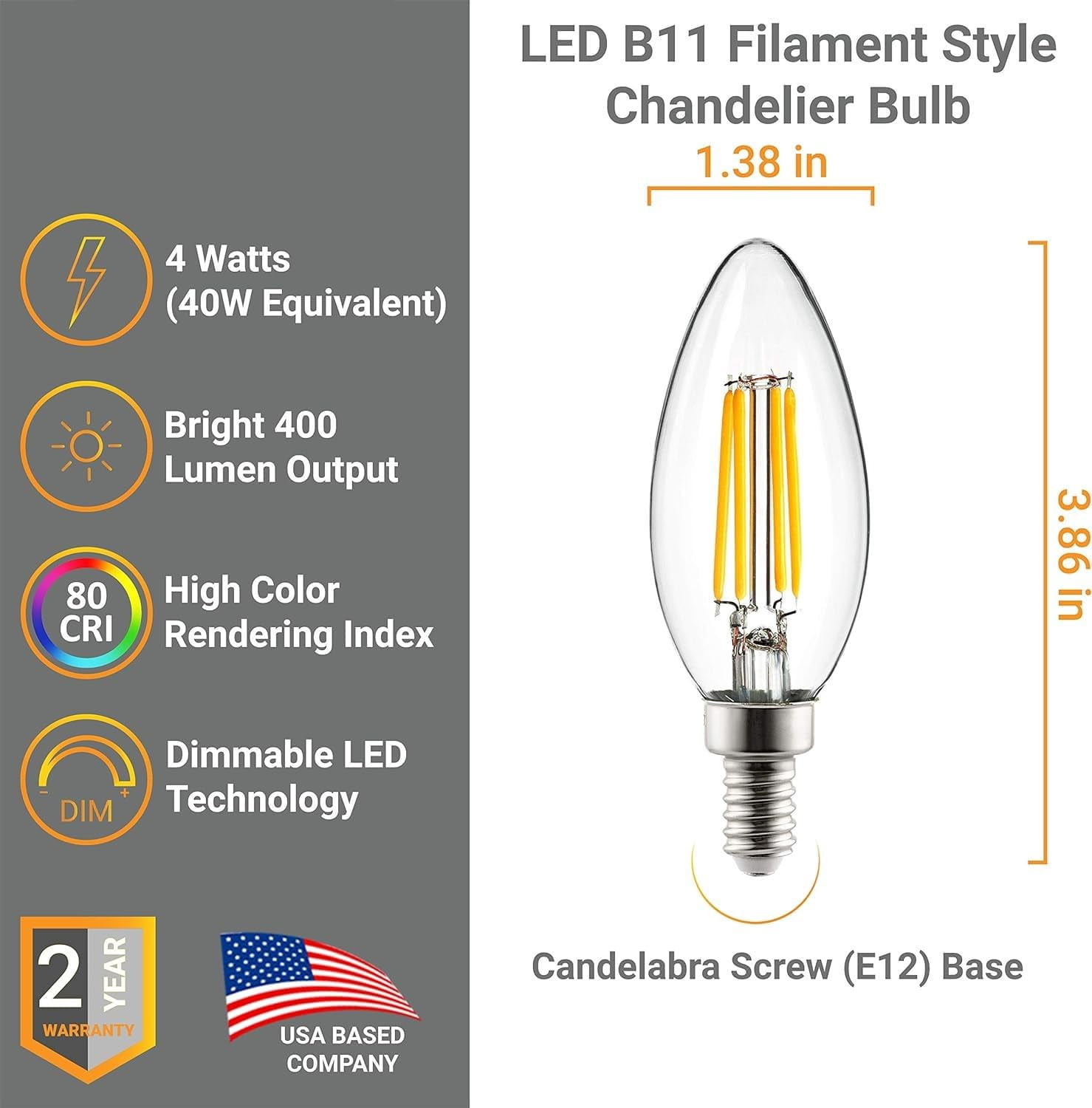 Diodesy- Pack of 6 CTC/LED/FS/4W/E12/D/CL/27K E12 LED Candelabra Dimmable Light Bulb, 4W (40-Watt Equivalent), 2700K Warm White, B11 Edison Bulb for Chandeliers and Ceiling Fan, 400LM, ETL Listed