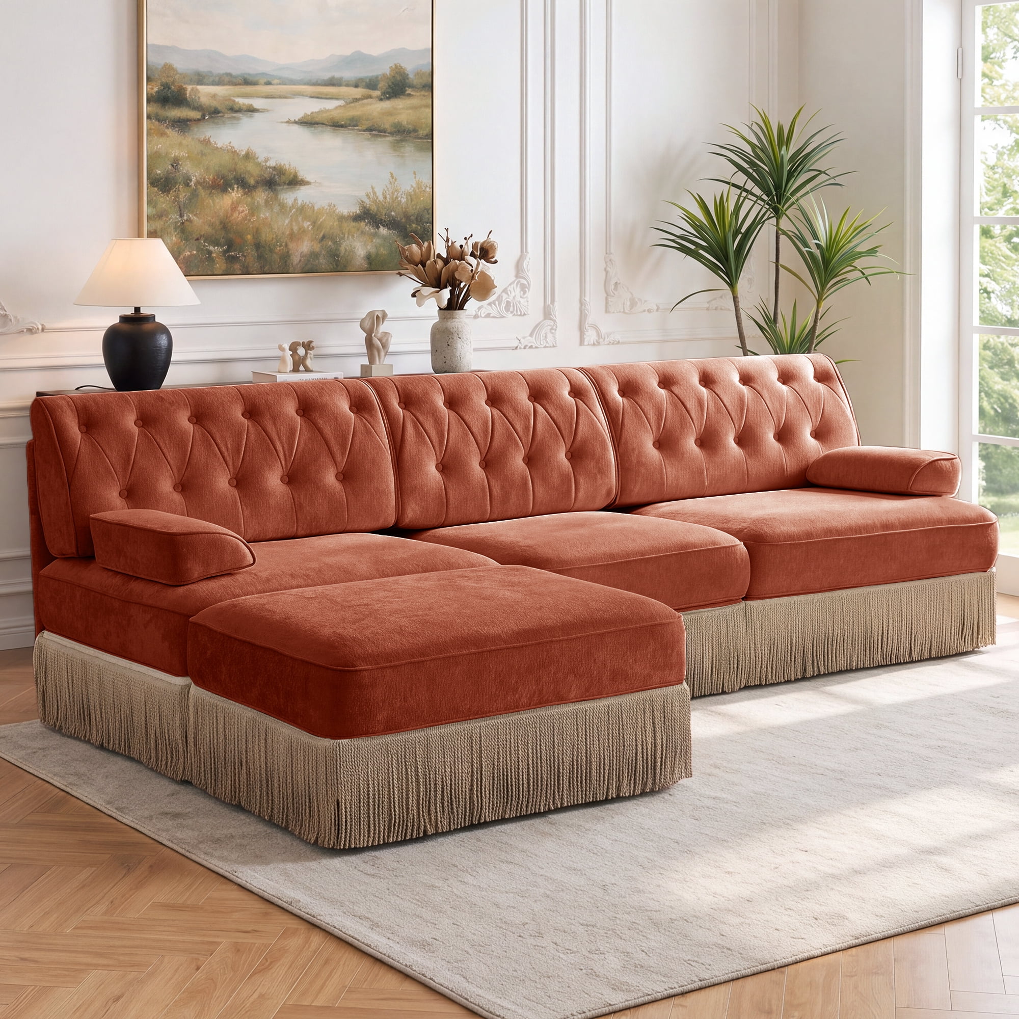 106" Chesterfield 3 Seater L-Shaped Modular Sectional Sofa Set with Ottoman and Tassel Skirt, Easy to Assemble