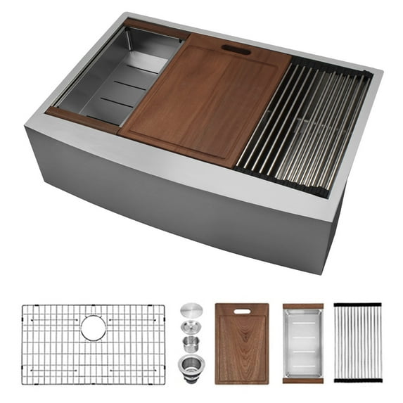 33 Inches Kitchen Sink 304 Stainless Steel Sink Single Bowl Kitchen Sink 18 Gauge Stainless Steel Hand Washing Wash Sink Basin Strainer, Bottom Grid, Roll-Up Drying Rack, Colander, Chopping Board