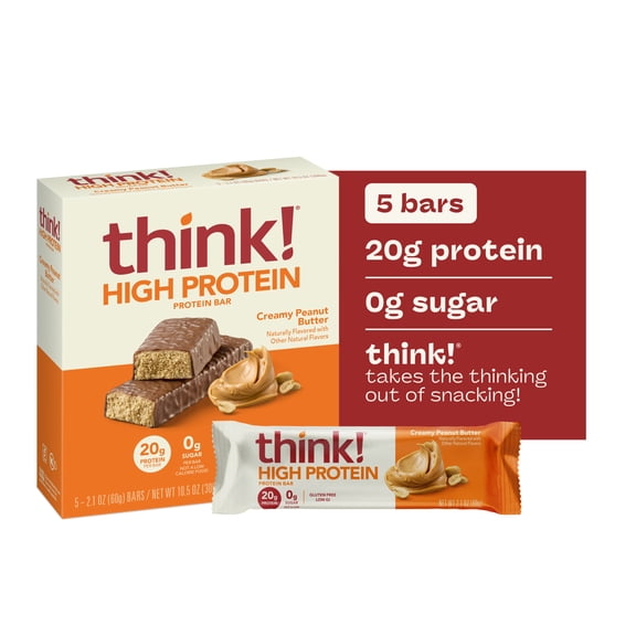 think! High Protein Bar, Creamy Peanut Butter, 20g Protein, Gluten Free, 5 Count