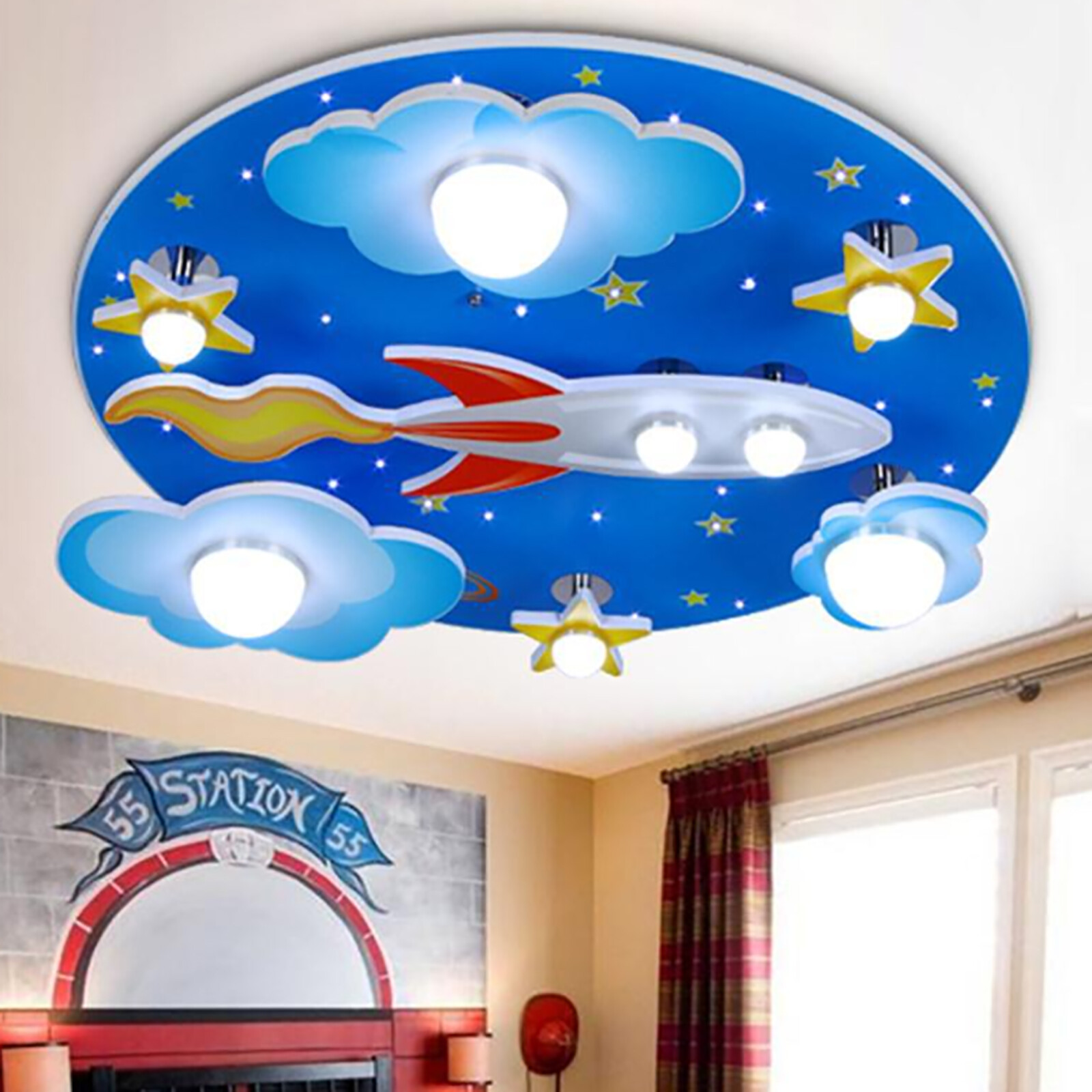 Modern Cartoon Adjustable Light Blue Star Rocket LED Ceiling Light Flush Mount Bedroom Room Lamp Fixture