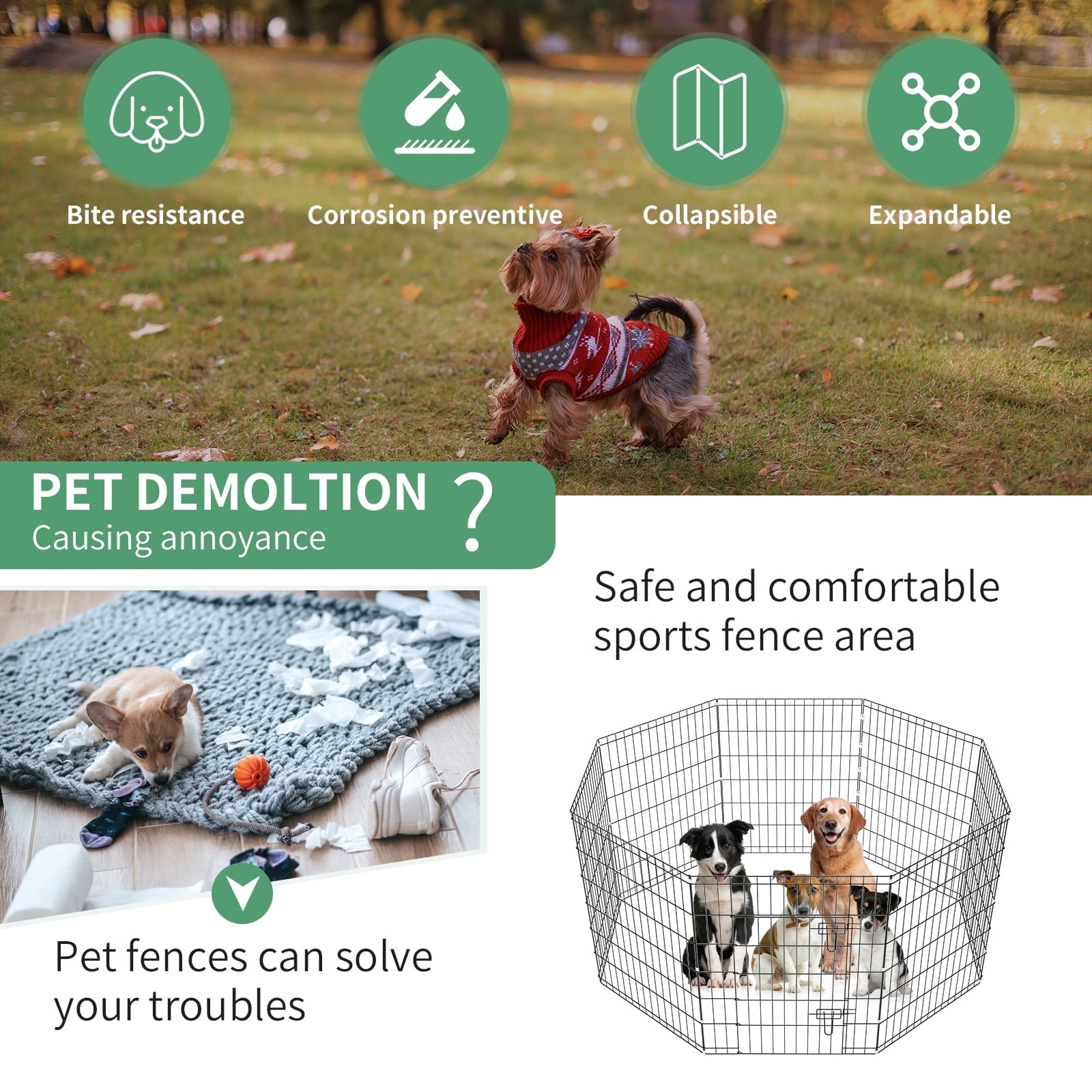 ZephyPaws Foldable Dog Pen with Door,36in 8Panel Puppy Playpen for Inside,Dog Playpen Fence for Yard