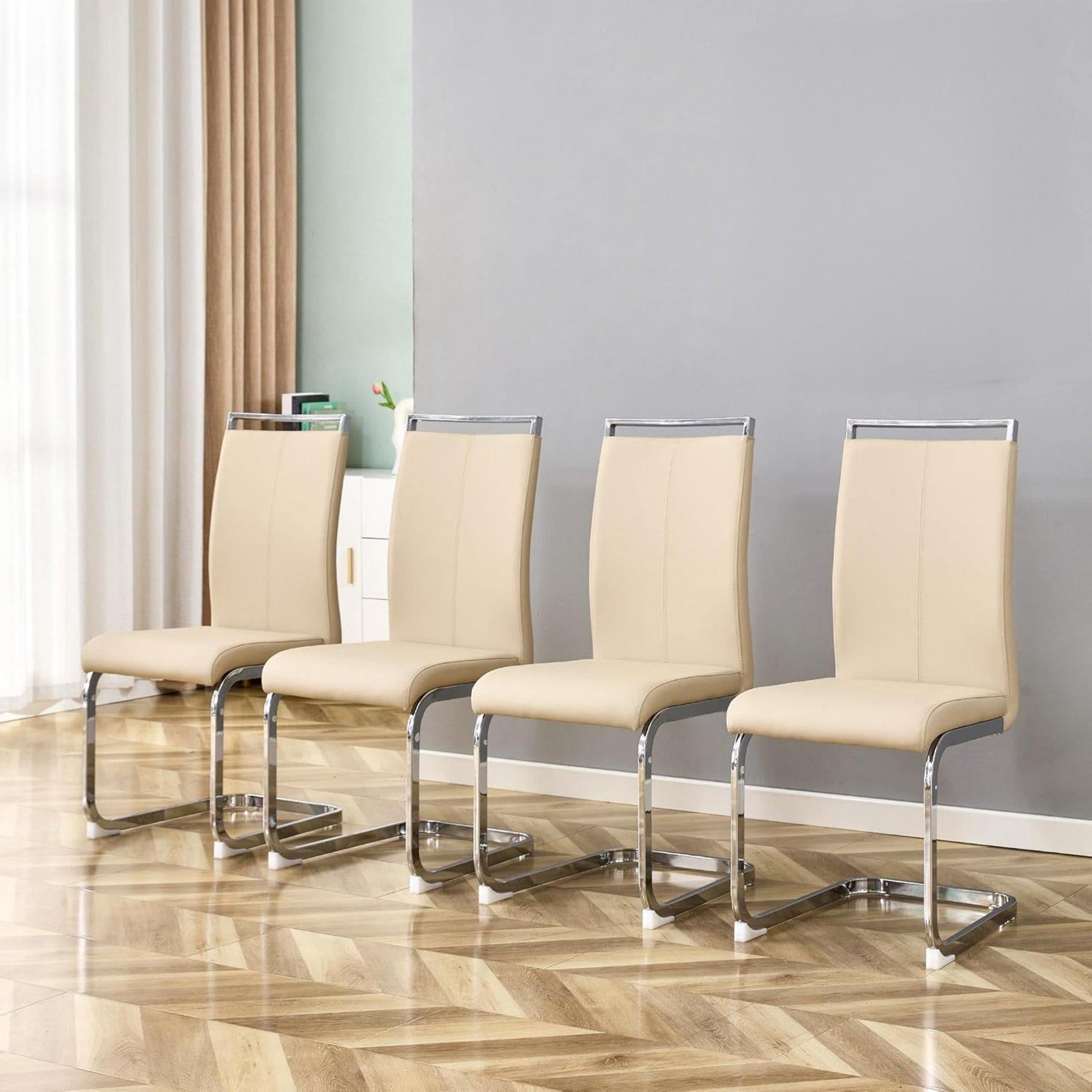 SUDICA Dining Chairs Set of 2, Modern Beige PU Leather High Back Side Chairs with Chrome Metal Legs for Dining Room
