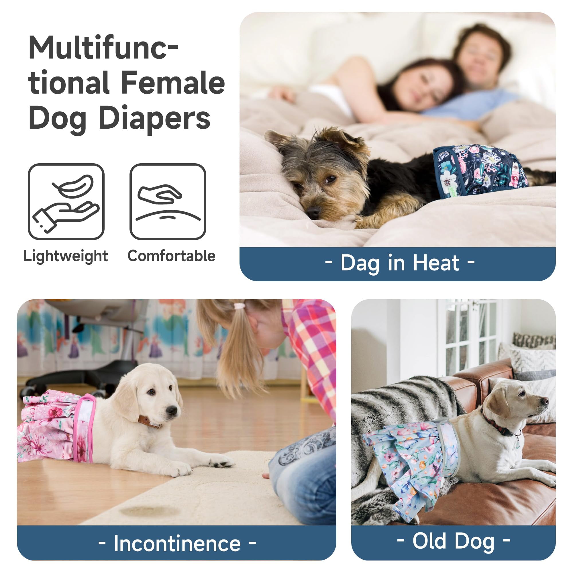 Wegreeco Reusable Female Dog Diapers,Washable Small Puppy Doggie Diapers for Female Dogs in Heat,Doggy Medium Large Female Dog Diapers for Pet,Dog Period Panties Flower,Large