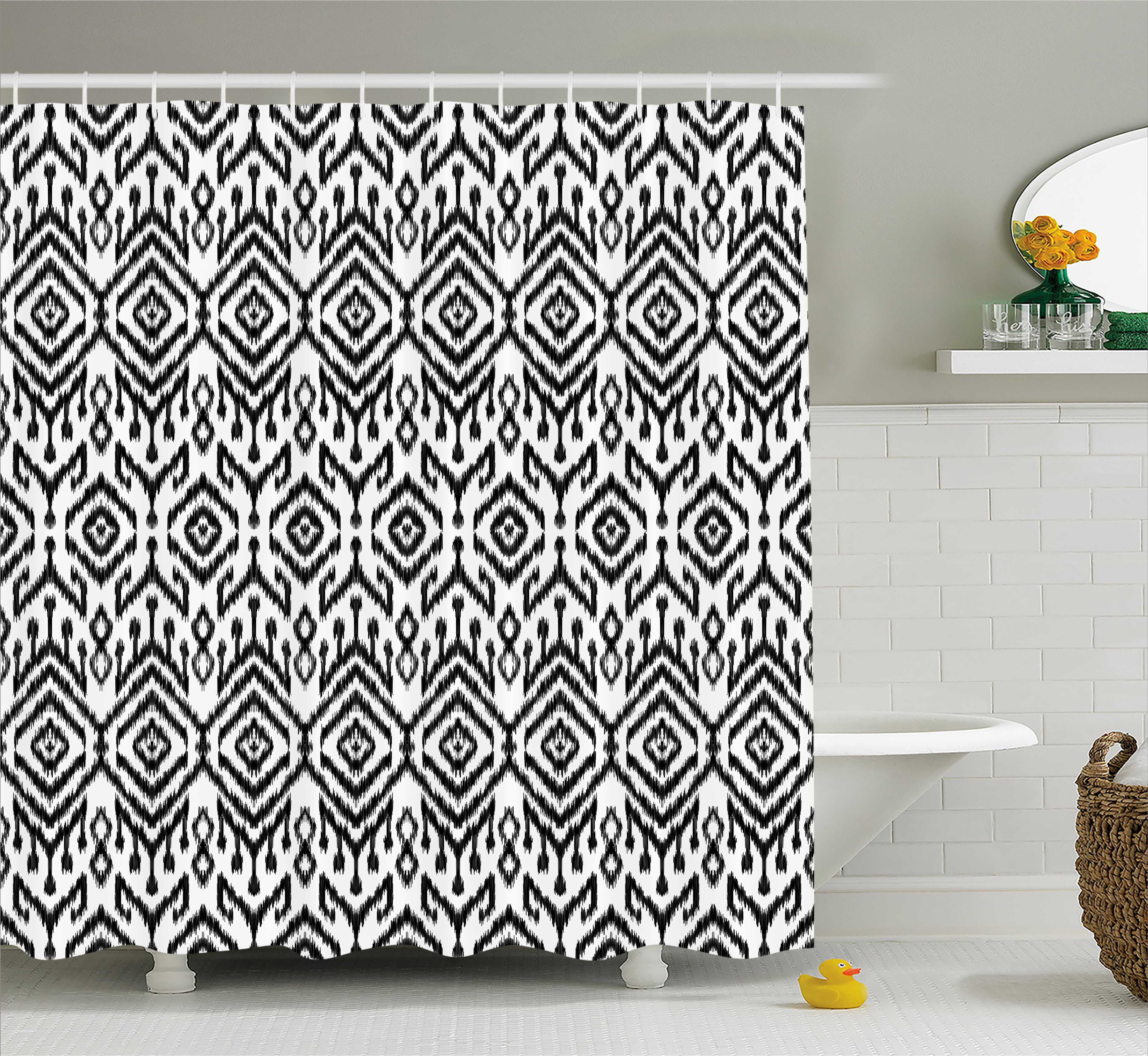Black and White Shower Curtain, Monochrome Ikat Pattern Bohemian Ethnic