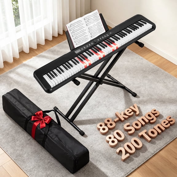 RELOIVE 88 Key Electric Keyboard Piano with Piano Stand,Keyboard Piano Kit with 200 Tones,200 Rhythms and 80 Demos,LCD Display for Beginners