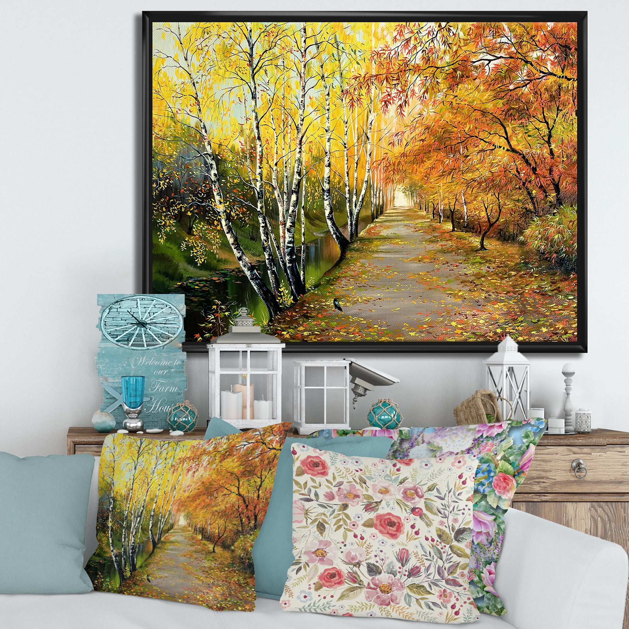 Designart 'Path Through The Autumn Woods Along River' Traditional Framed Canvas Wall Art Print