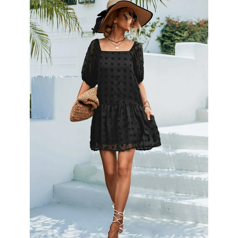 black short sleeve babydoll dress WOKANSE Womens Flowy Casual Dress Button Down Shirt Babydoll Dresses V Neck Short Puff Sleeve Pleated Mini Dress Black S at Amazon Women's Clothing store