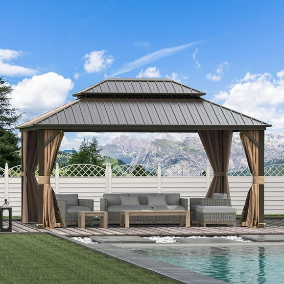 Domi Outdoor 12x16 ft Hardtop Gazebo Canopy Metal with Galvanized Steel Double Roof,Curtain & Netting for Patio Deck Backyard, Brown