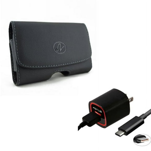 Black Leather Side Case w 18W Adaptive Fast Home Charger 6ft Turbo USB Type-C Cable P2A for OnePlus 6T - Razer Phone 2 - Samsung Galaxy S9 , S8 , S10  - Sony Xperia XZ3 - Xiaomi Mi 9