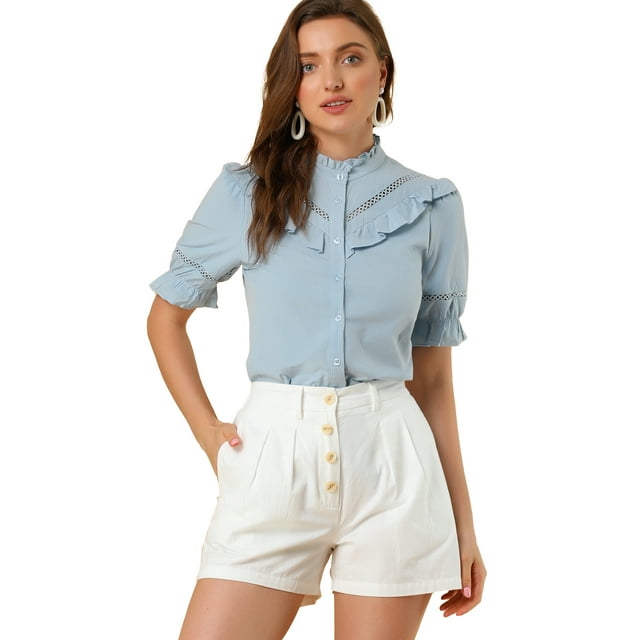 INSPIRE CHIC Women's Stand Collar Button Down Ruffle Neck Blouse Top