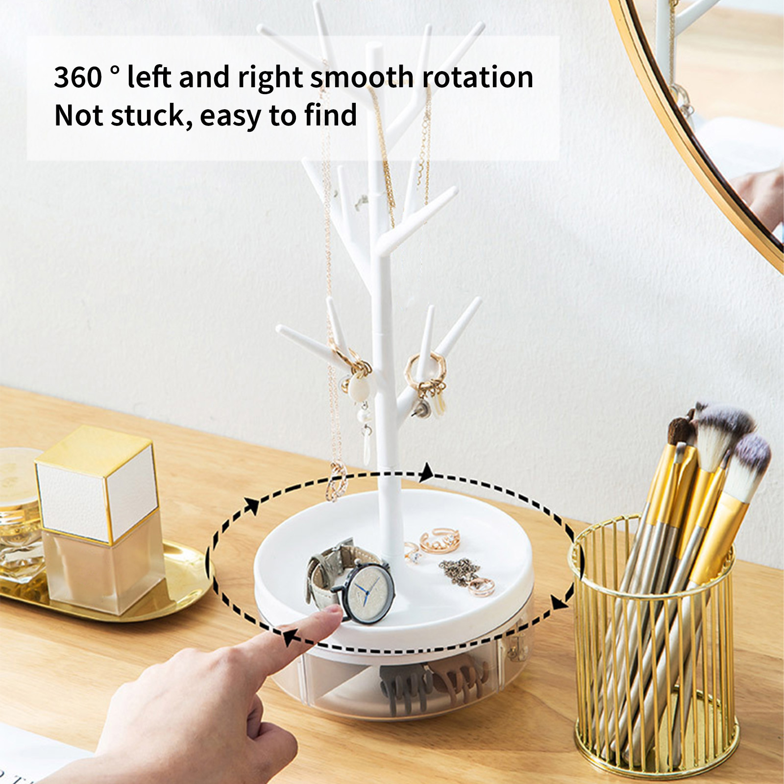 Organisateur De Bijoux En Forme D'Arbre Blanc - Avec Plateau Rotatif Et Boîte De Rangement, Pour Boucles D'Oreilles, Colliers