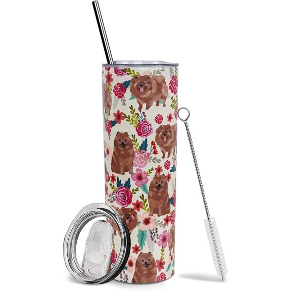 Pomeranian Tumbler - Stainless Steel Vacuum Insulated Double Wall Travel Thermos Tumbler - Dog Lovers Gifts for Women - Insulated Coffee Tumblers for Hot and Cold Drinks - With Straw and Lid 20 OZ